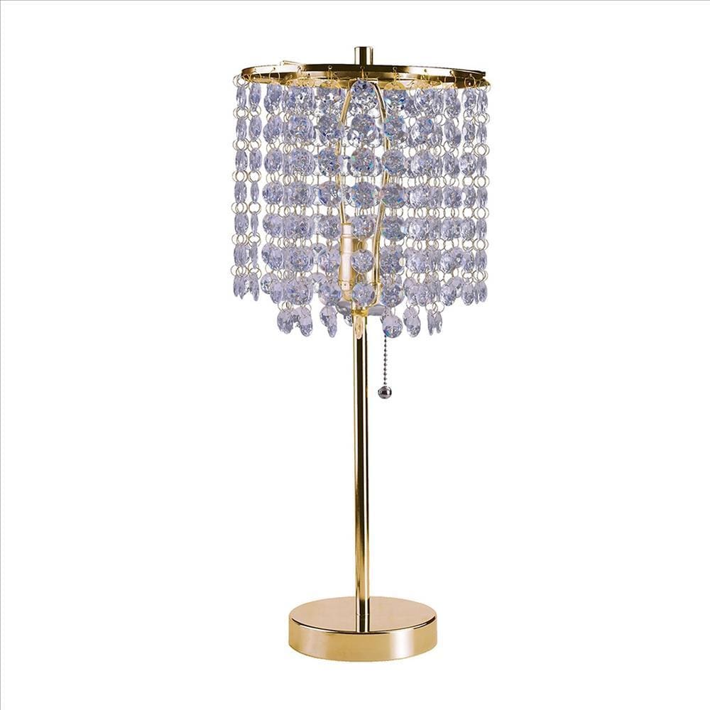 Metal Stalk Design Table Lamp with Hanging Crystals Shade Gold