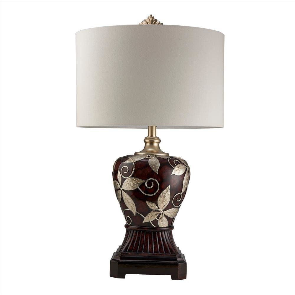 Polyresin Urn Shape Table Lamp with Floral Foliage Pattern Brown