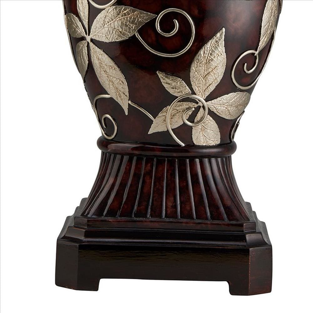 Polyresin Urn Shape Table Lamp with Floral Foliage Pattern Brown