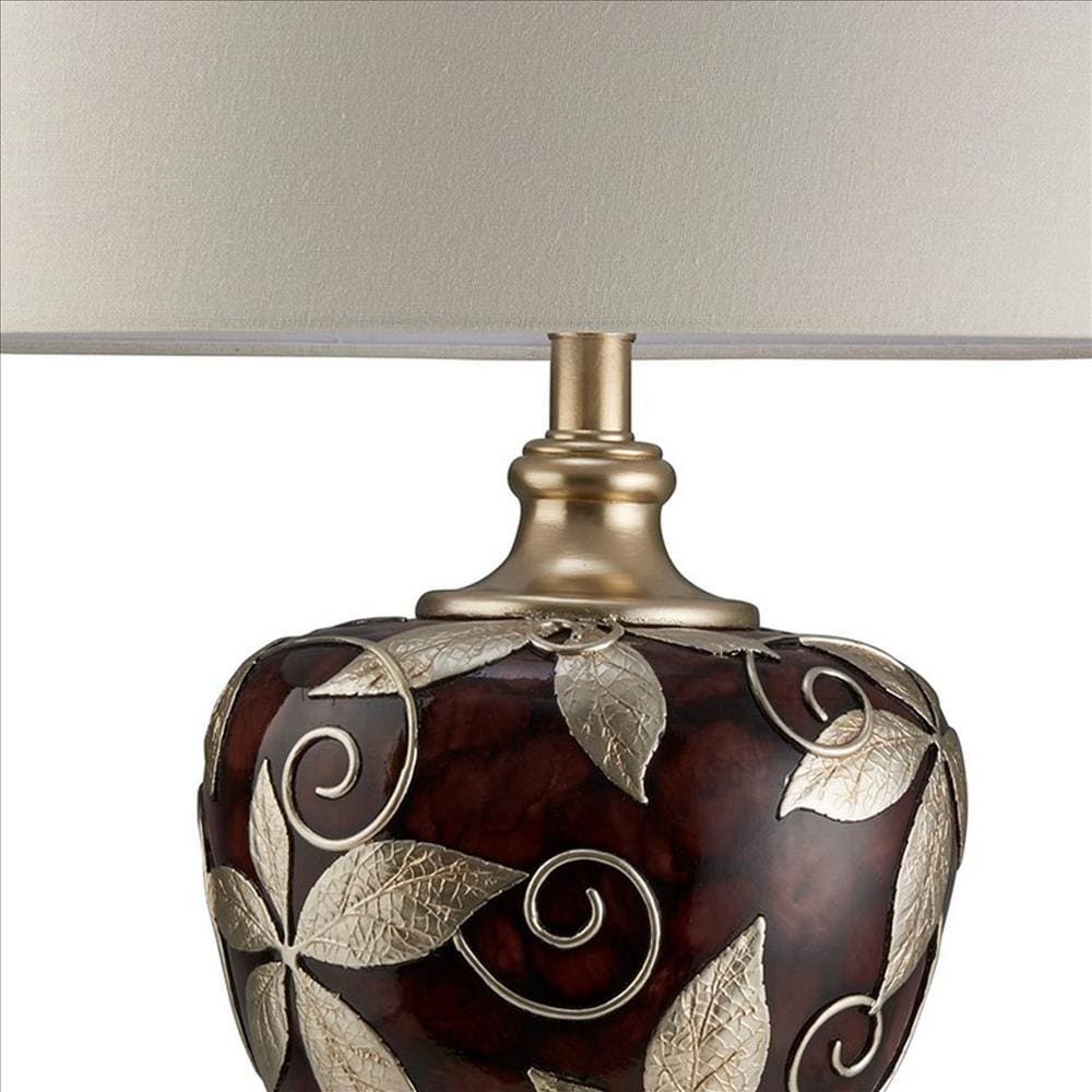 Polyresin Urn Shape Table Lamp with Floral Foliage Pattern Brown
