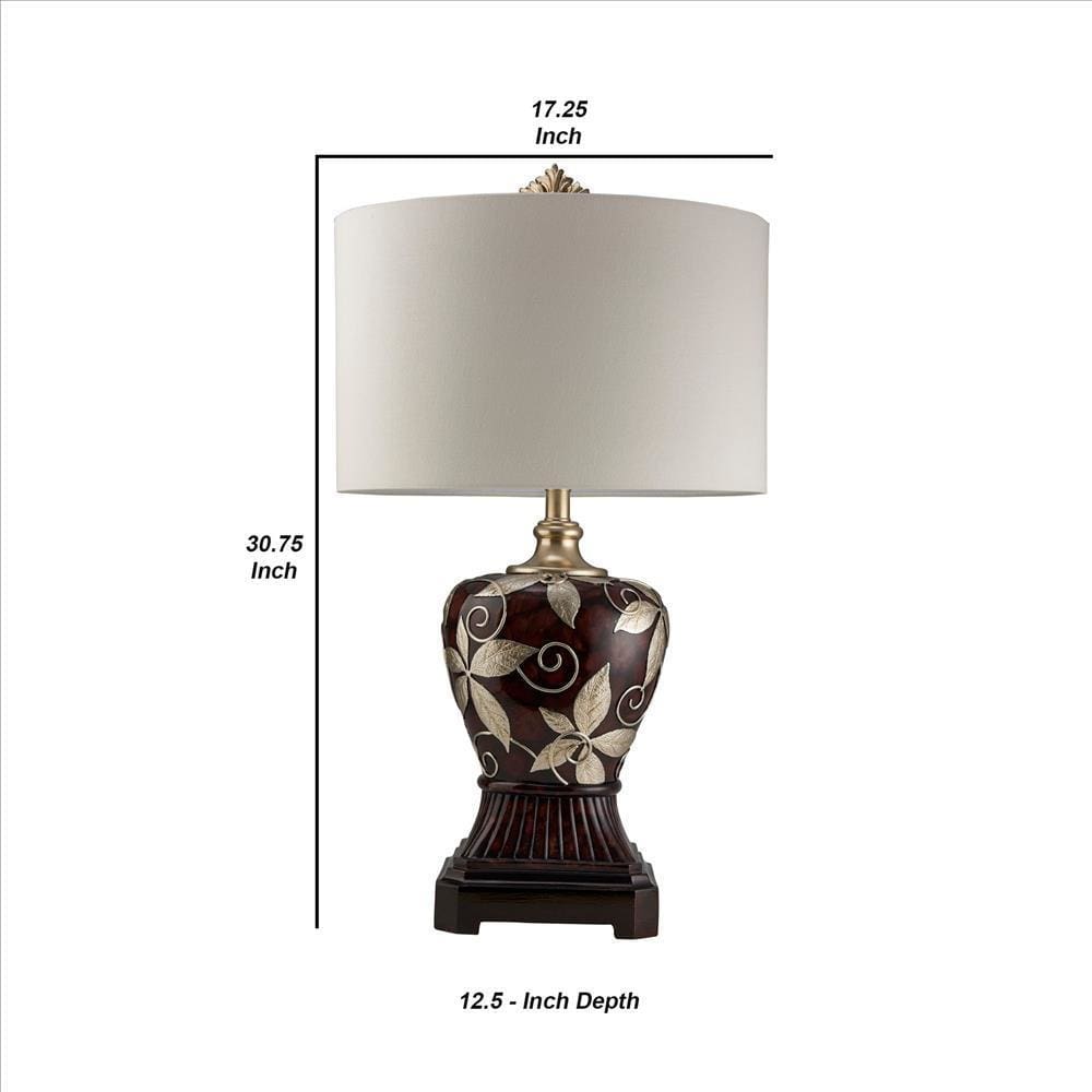 Polyresin Urn Shape Table Lamp with Floral Foliage Pattern Brown