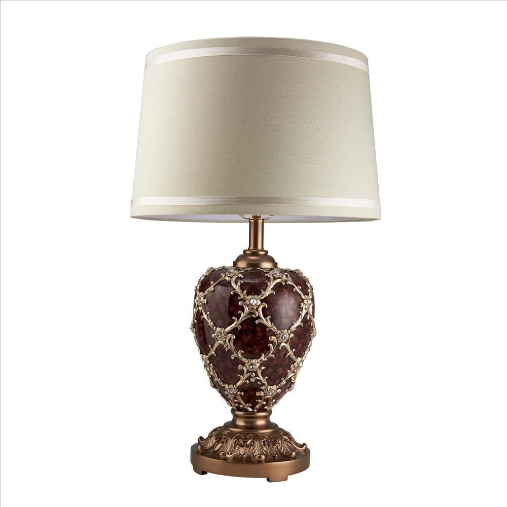 Polyresin Urn Shaped Table Lamp with Diamond Stencils Pattern Brown