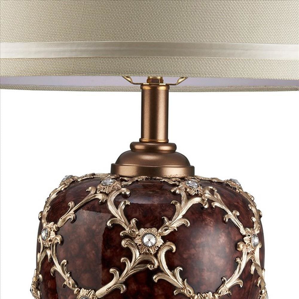 Polyresin Urn Shaped Table Lamp with Diamond Stencils Pattern Brown