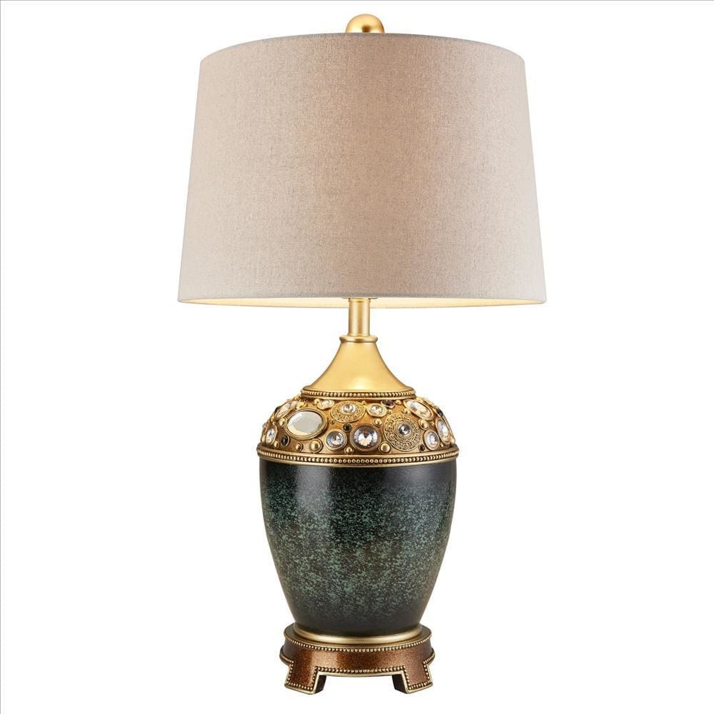 Polyresin Urn Shaped Table Lamp with Mirrored Bejeweled Green