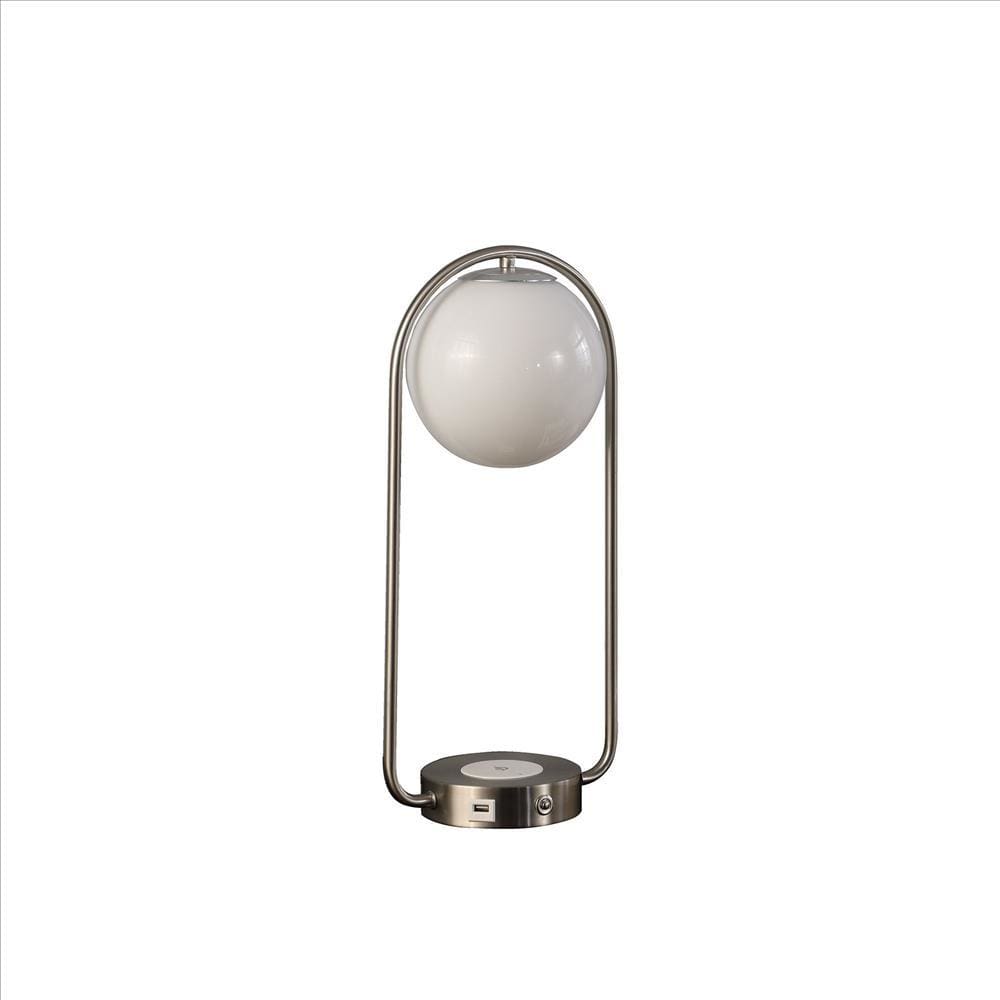 Table Lamp with Curved Open Frame and Hanging Globe Shade Silver
