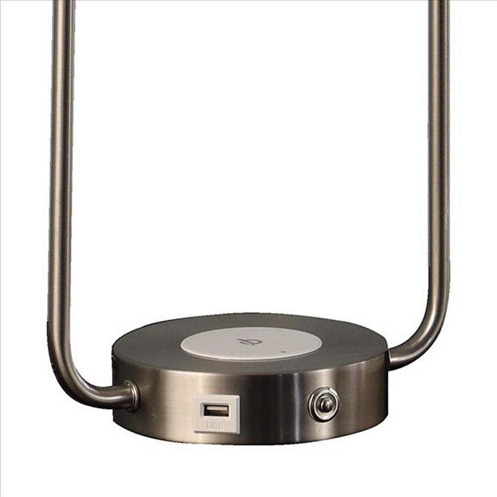 Table Lamp with Curved Open Frame and Hanging Globe Shade Silver