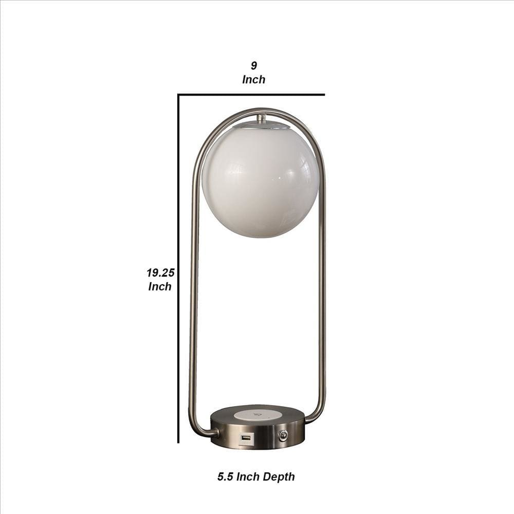 Table Lamp with Curved Open Frame and Hanging Globe Shade Silver