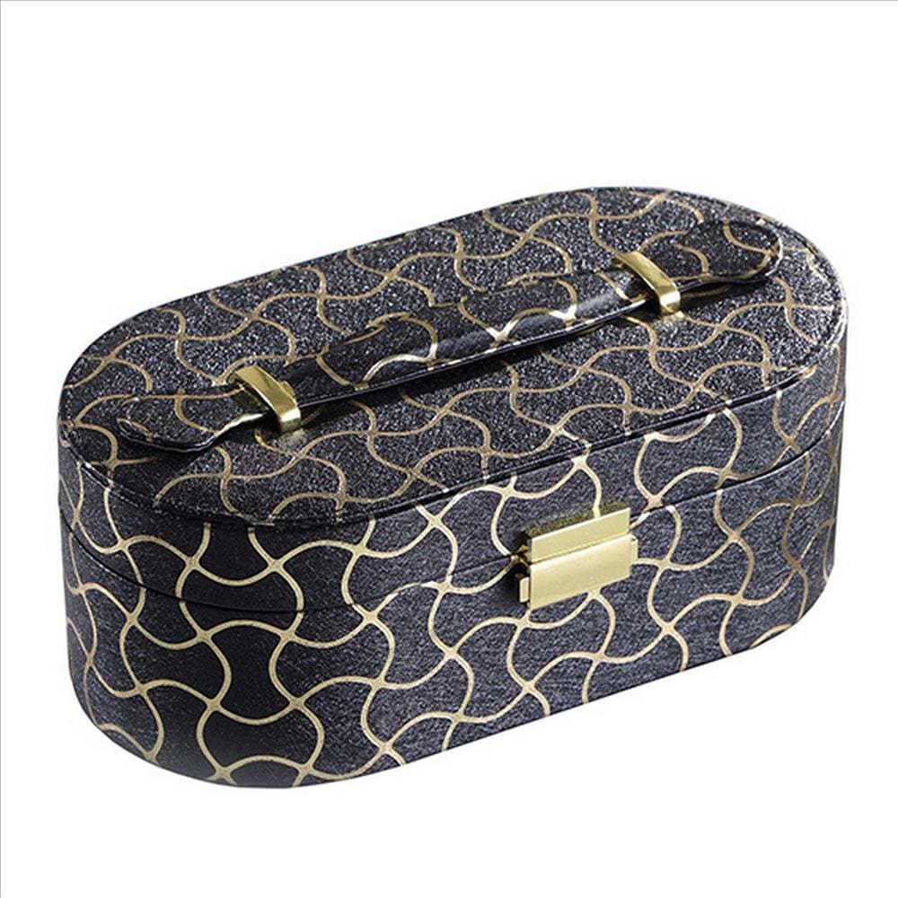 Travel Jewelry Case with 2 Semicircle Slots and Wavy Pattern Black