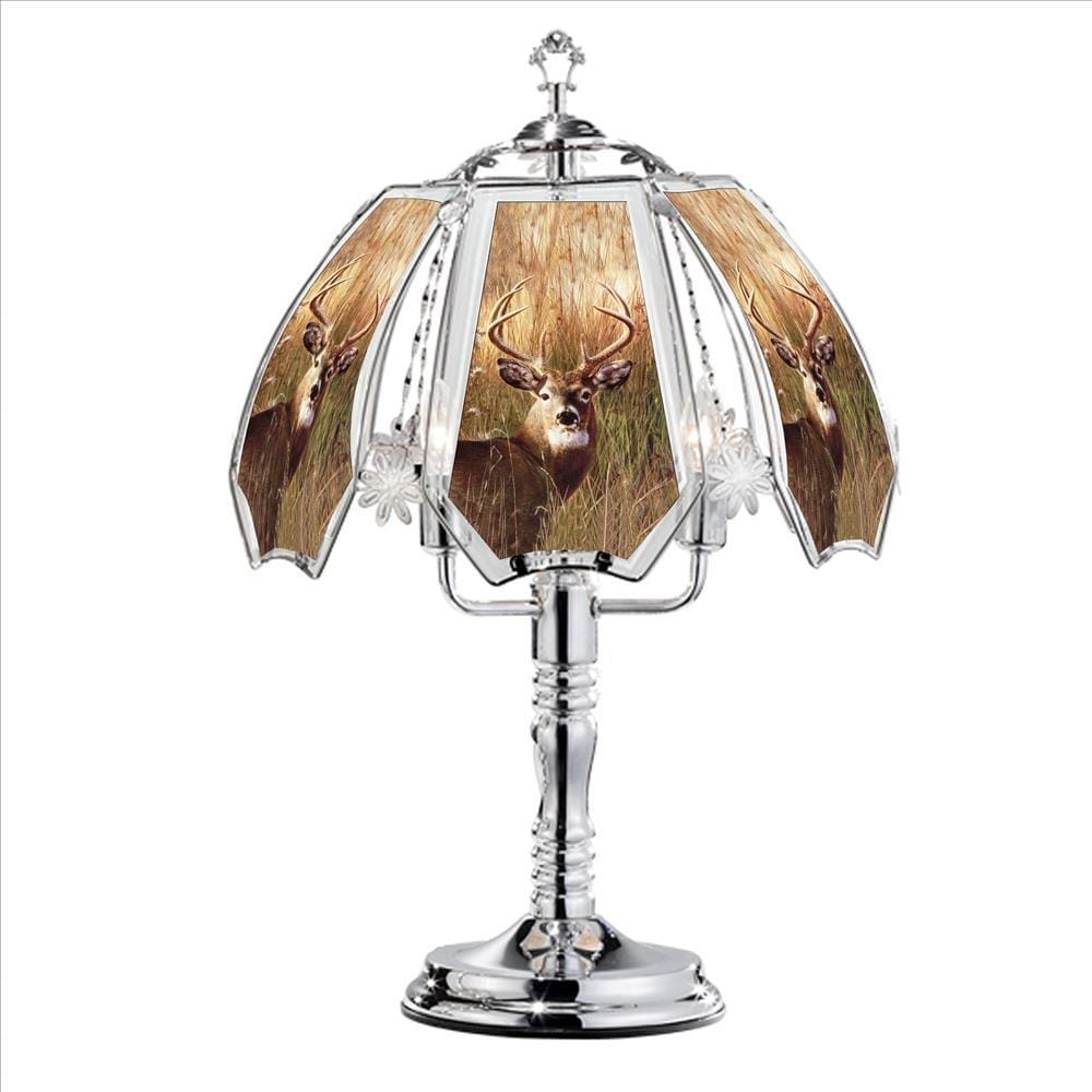 Umbrella Shade Glass Table Lamp with Deer Print Silver
