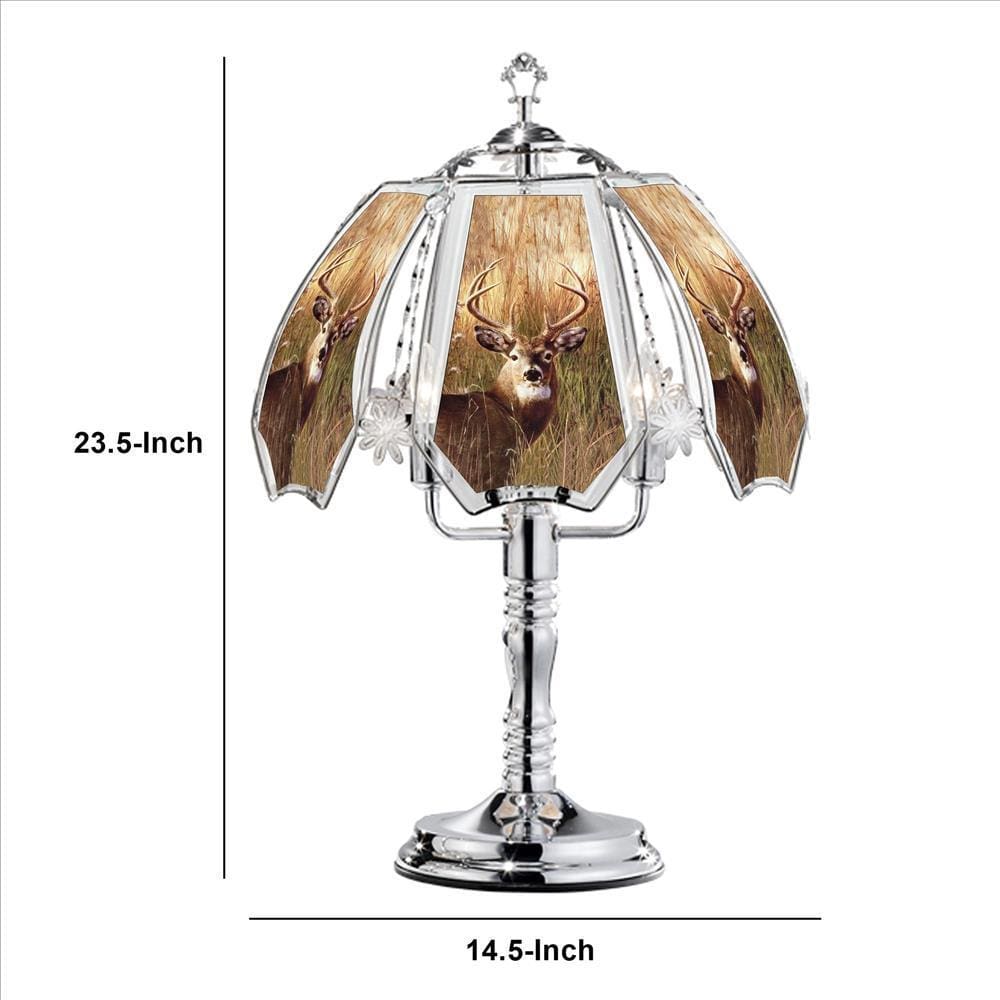 Umbrella Shade Glass Table Lamp with Deer Print Silver