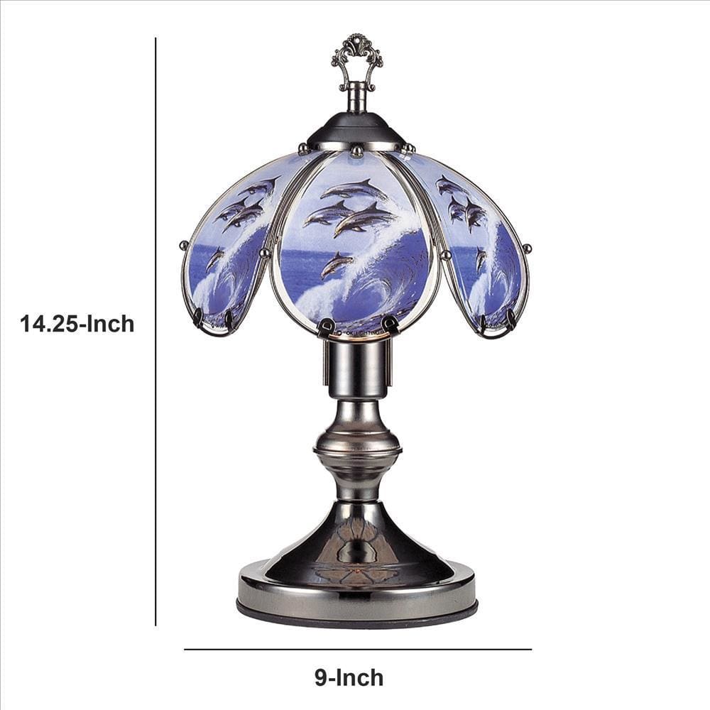Umbrella Shade Glass Table Lamp with Dolphin Print Silver