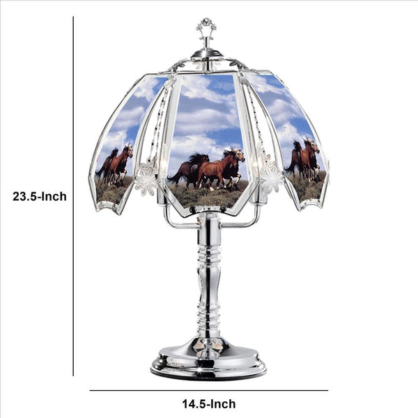 24 Inch Metal Table Lamp Umbrella Glass Shade Running Horses Touch Light Silver