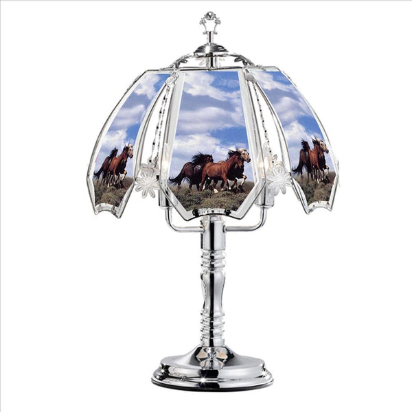 24 Inch Metal Table Lamp Umbrella Glass Shade Running Horses Touch Light Silver