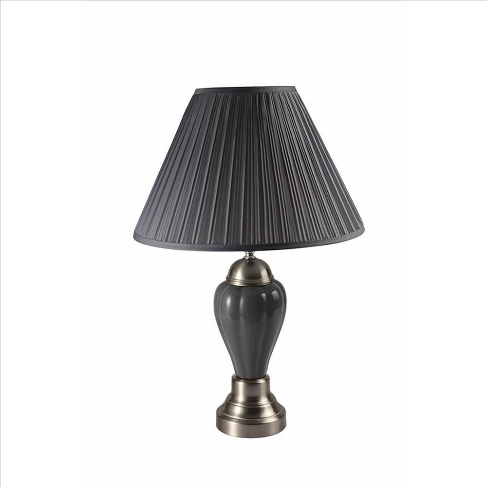 27 Inch Urn Shaped Ceramic Table Lamp Pleated Fabric Shade Gray