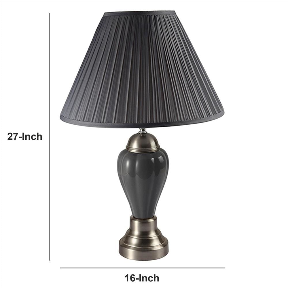 27 Inch Urn Shaped Ceramic Table Lamp Pleated Fabric Shade Gray