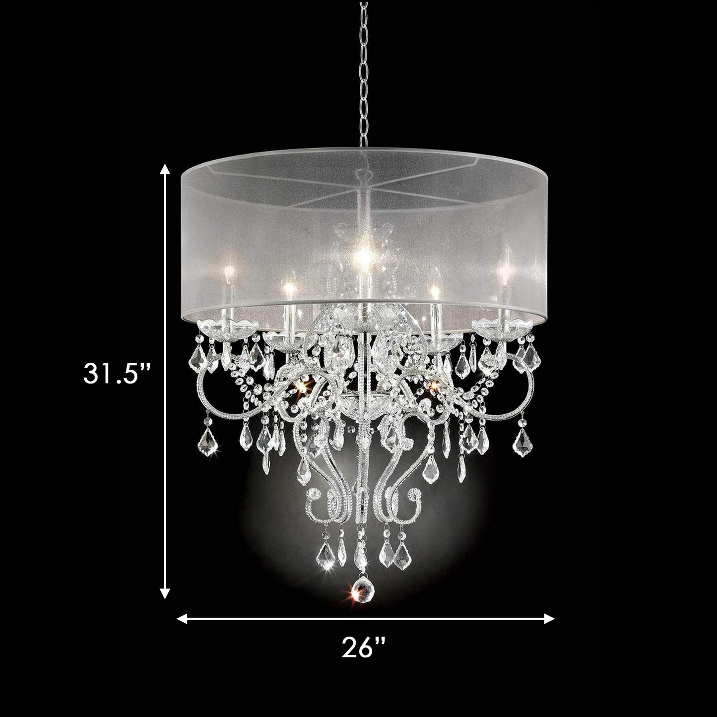 Ceiling Lamp with Scroll Metal Support and Drop Crystal Accents Silver