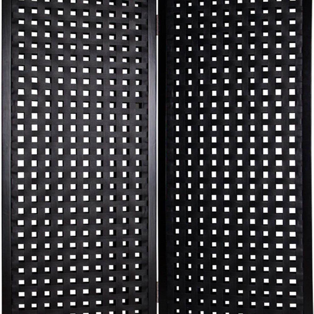 2 Panel Room Divider with Leatherette Interwoven Square Cut Outs, Black