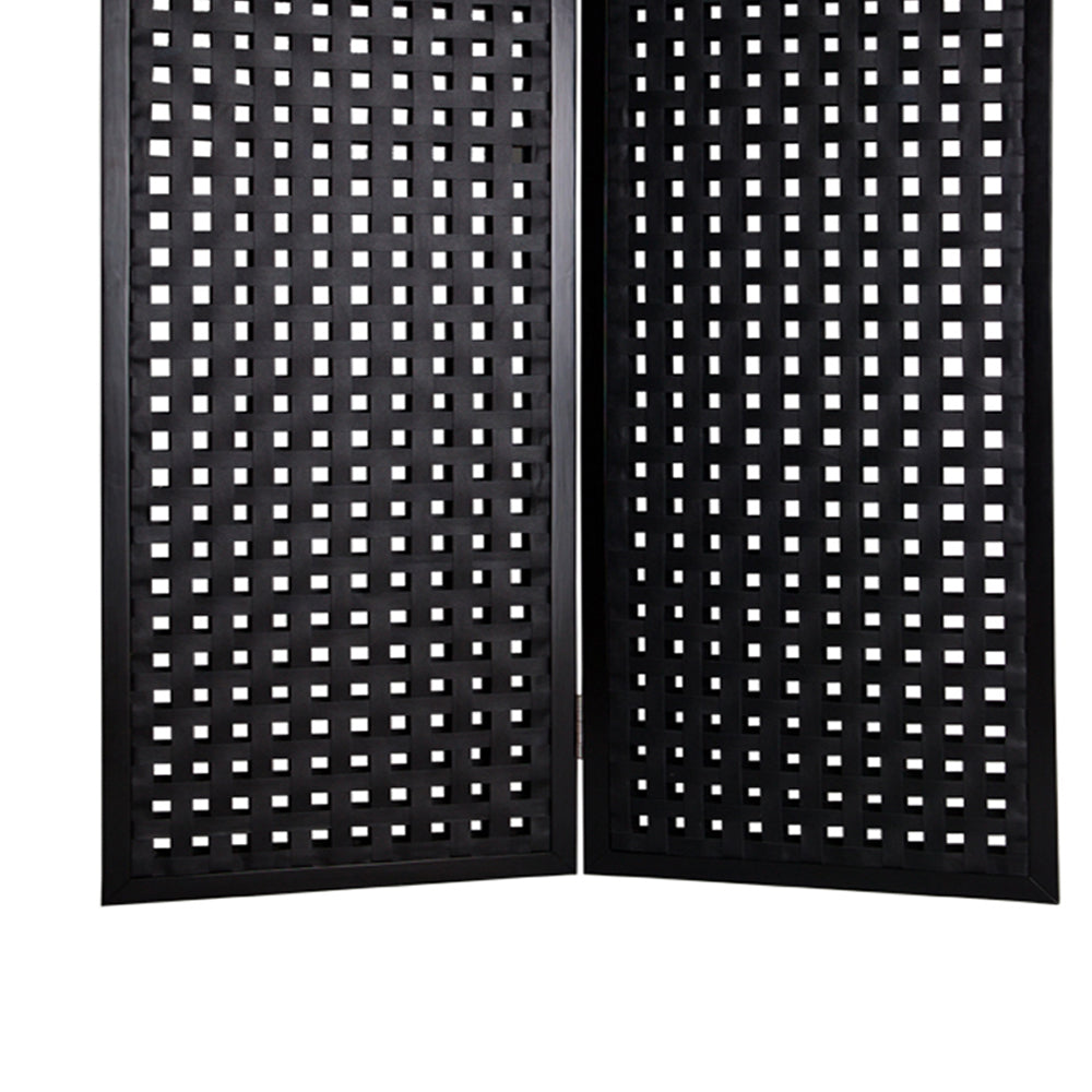 2 Panel Room Divider with Leatherette Interwoven Square Cut Outs, Black