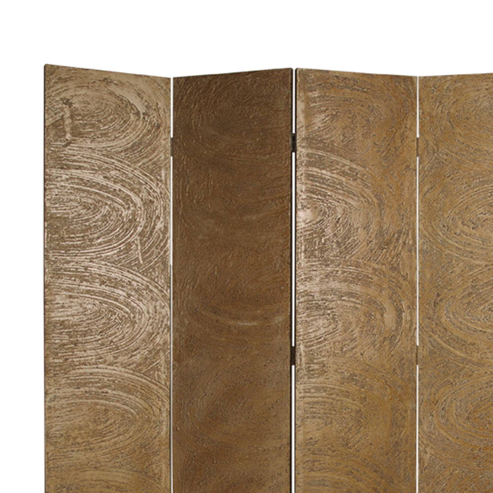 Foldable 4 Panel Canvas Room Divider with Swirl Details, Gold