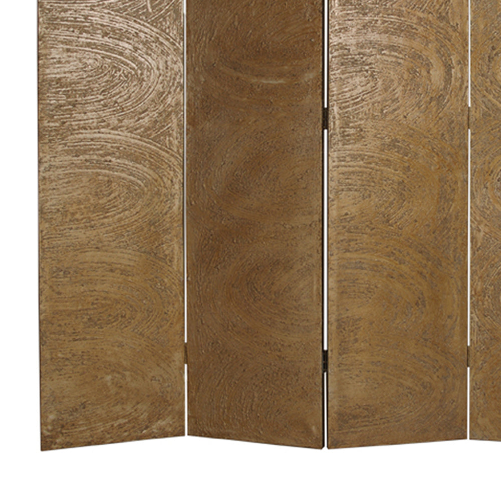 Foldable 4 Panel Canvas Room Divider with Swirl Details, Gold