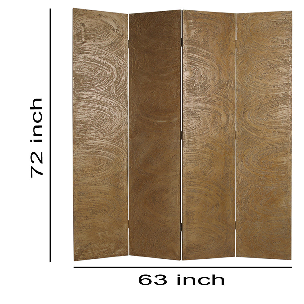 Foldable 4 Panel Canvas Room Divider with Swirl Details, Gold