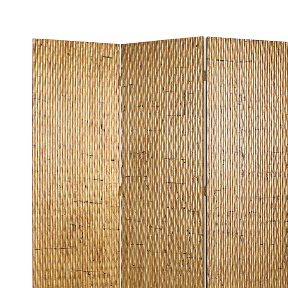 3 Panel Foldable Room Divider with Patterned Wood Panelling, Gold