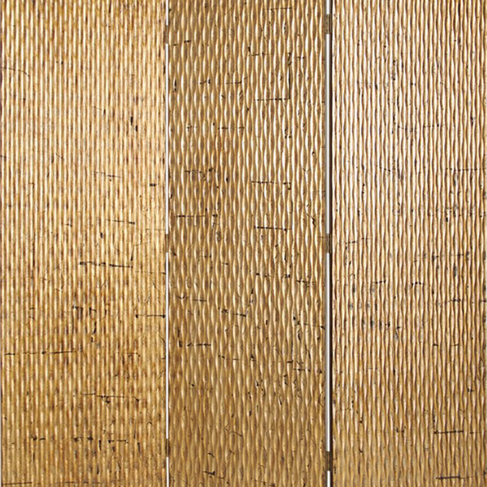 3 Panel Foldable Room Divider with Patterned Wood Panelling, Gold