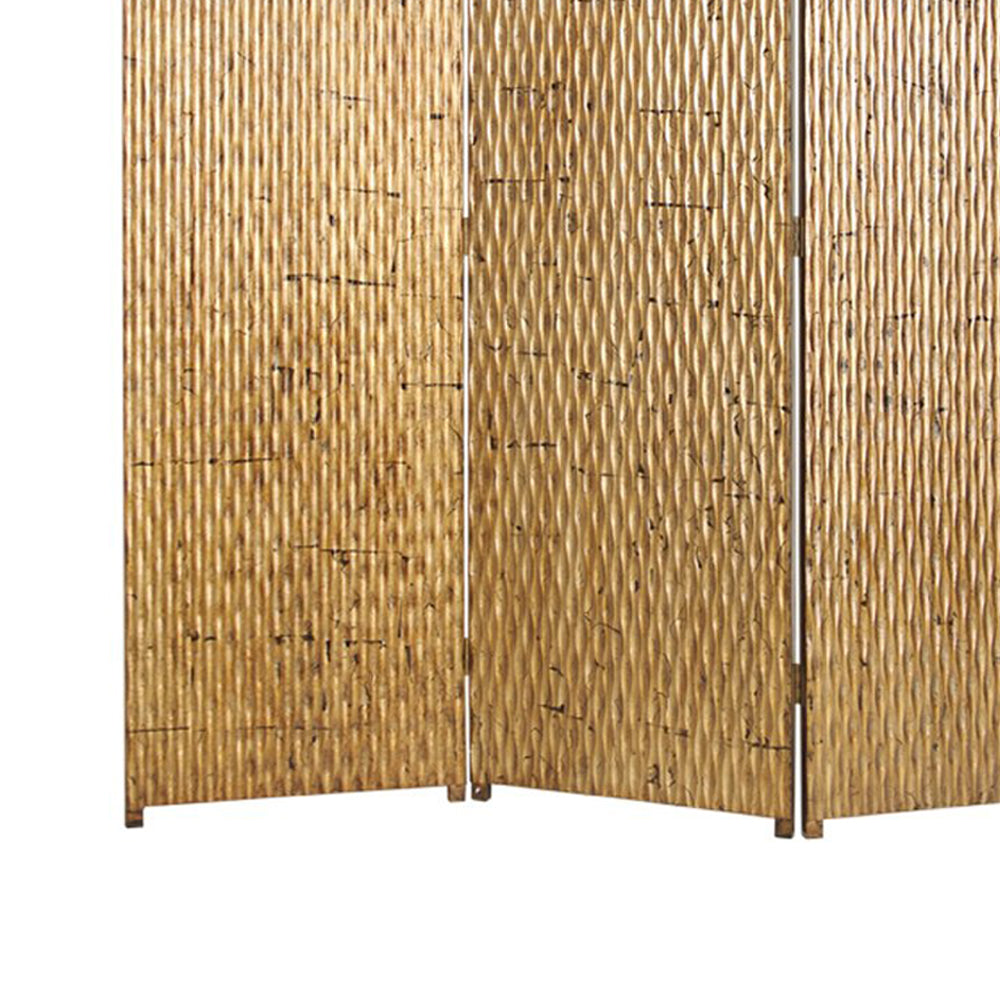 3 Panel Foldable Room Divider with Patterned Wood Panelling, Gold