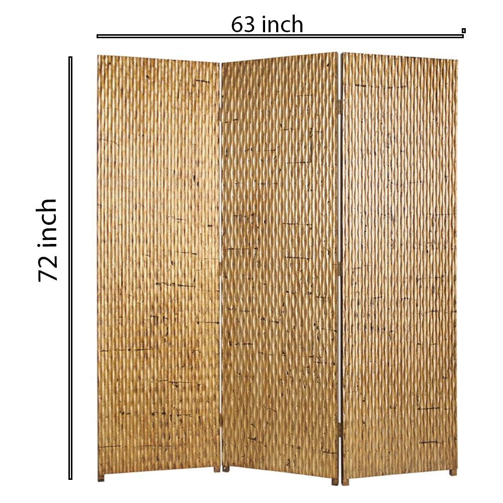 3 Panel Foldable Room Divider with Patterned Wood Panelling, Gold