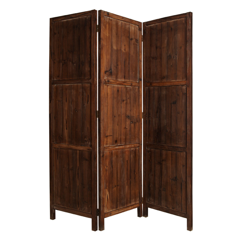Wooden 3 Panel Room Divider with Plank Pattern, Brown