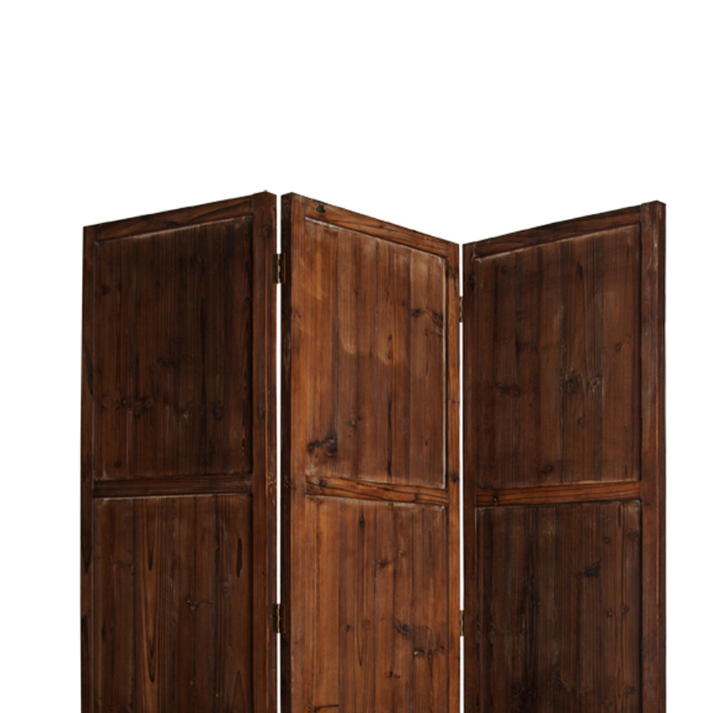 Wooden 3 Panel Room Divider with Plank Pattern, Brown