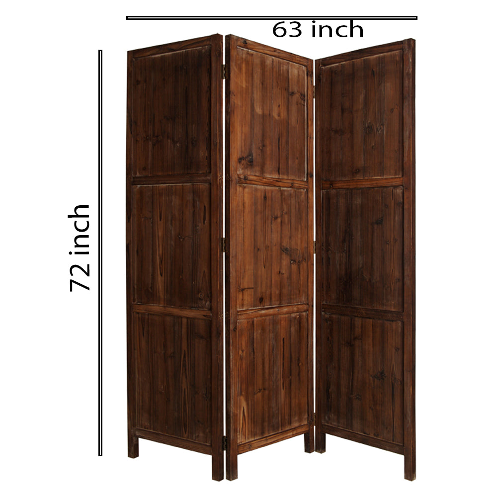 Wooden 3 Panel Room Divider with Plank Pattern, Brown