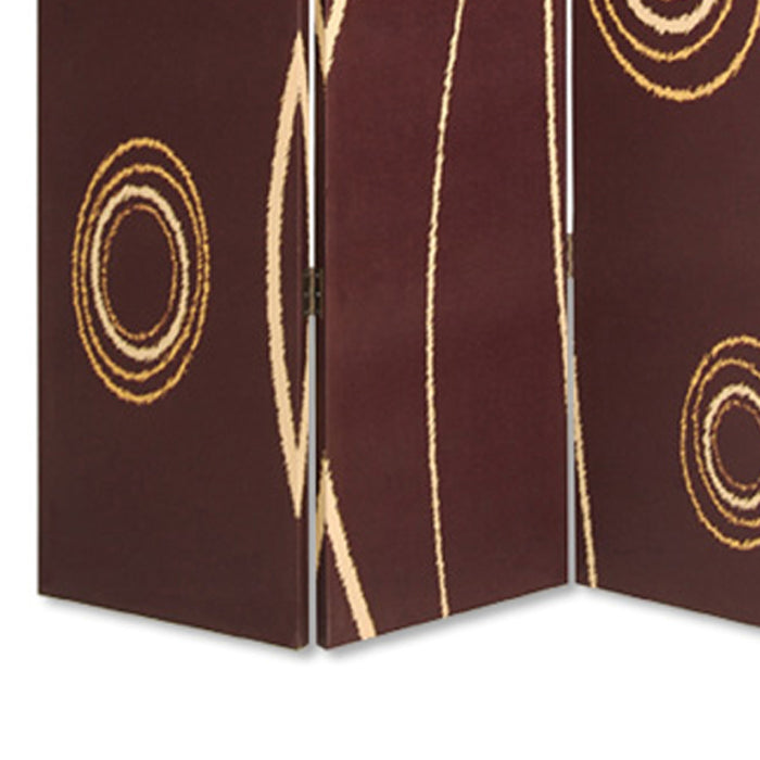 3 Panel Foldable Canvas Room Divider with Circle Design, Brown and Yellow