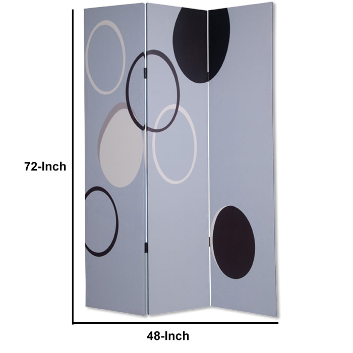 3 Panel Room Divider with Overlapping Circles Pattern, Black and Gray
