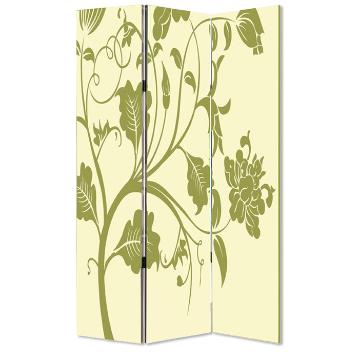 3 Panel Room Divider with Stems and Flower Pattern, Cream and Green