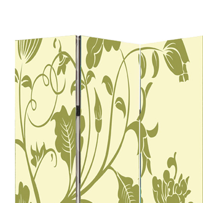 3 Panel Room Divider with Stems and Flower Pattern, Cream and Green