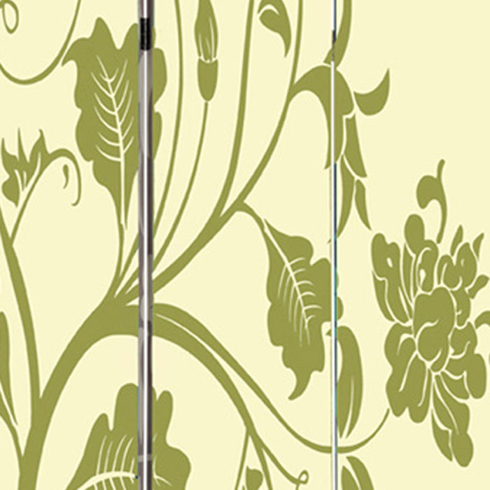 3 Panel Room Divider with Stems and Flower Pattern, Cream and Green