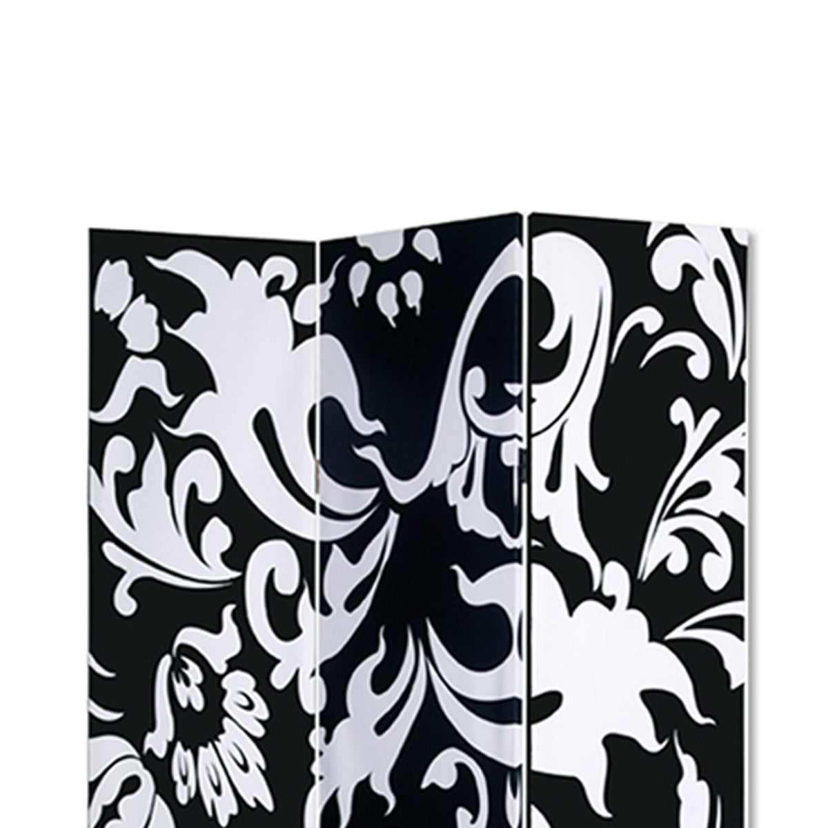 3 Panel Foldable Room Divider with Filigree Design, Black and White