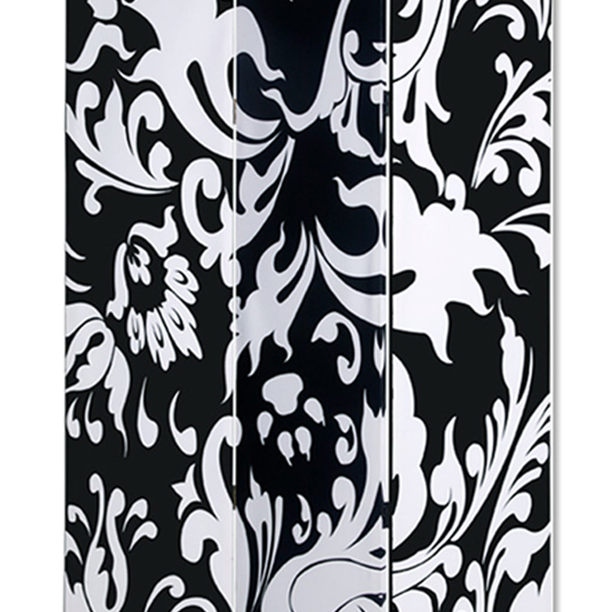 3 Panel Foldable Room Divider with Filigree Design, Black and White