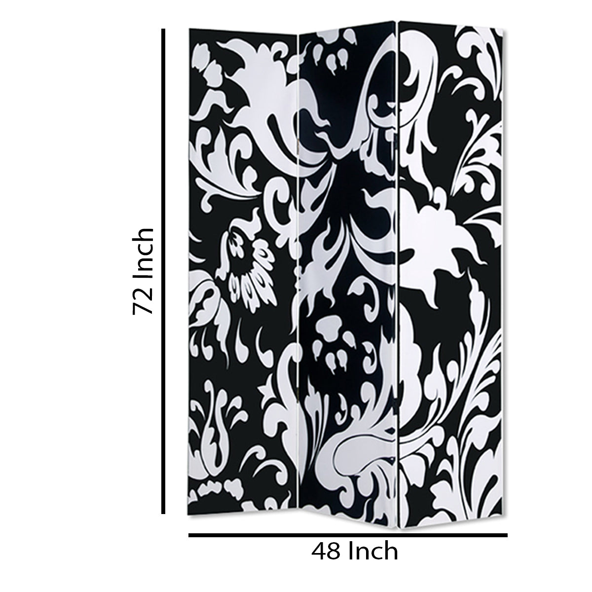 3 Panel Foldable Room Divider with Filigree Design, Black and White