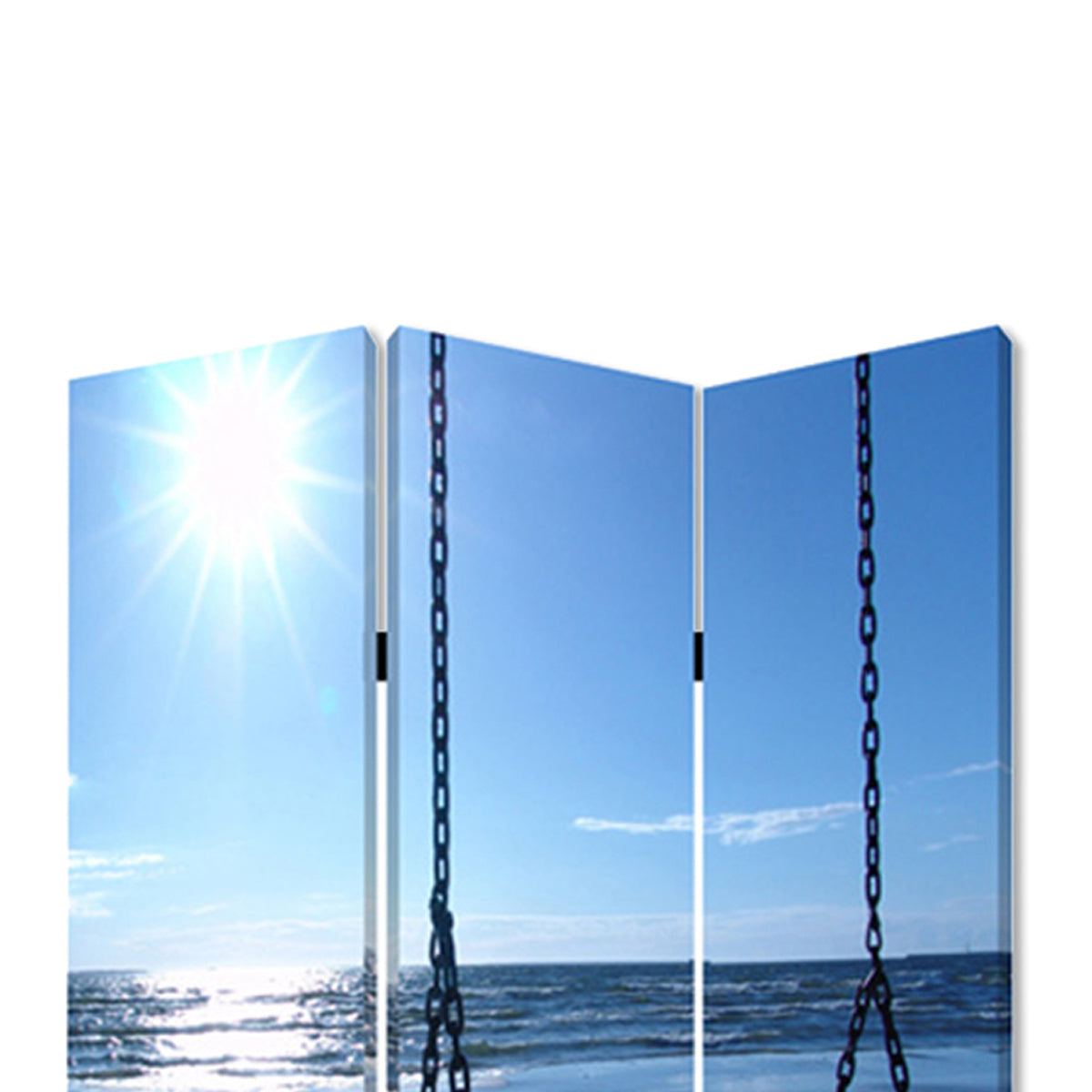 Wooden 3 Panel Room Divider with Seaside Screen Pattern, Blue and Gray