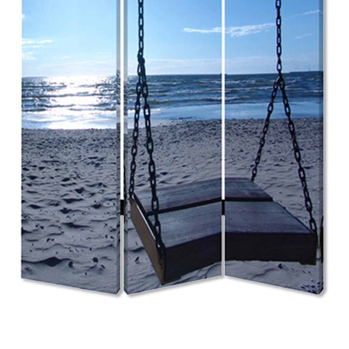 Wooden 3 Panel Room Divider with Seaside Screen Pattern, Blue and Gray