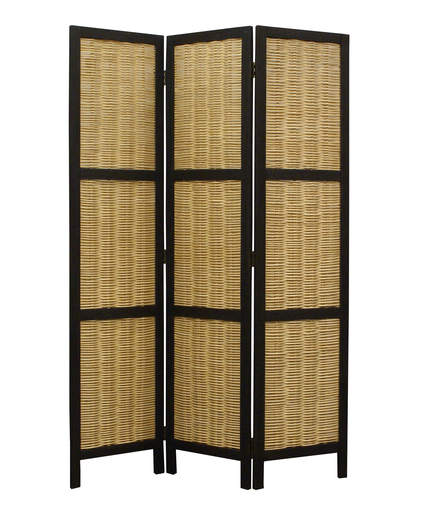 Cottage Style 3 Panel Room Divider with Willow Weaving, Black and Brown