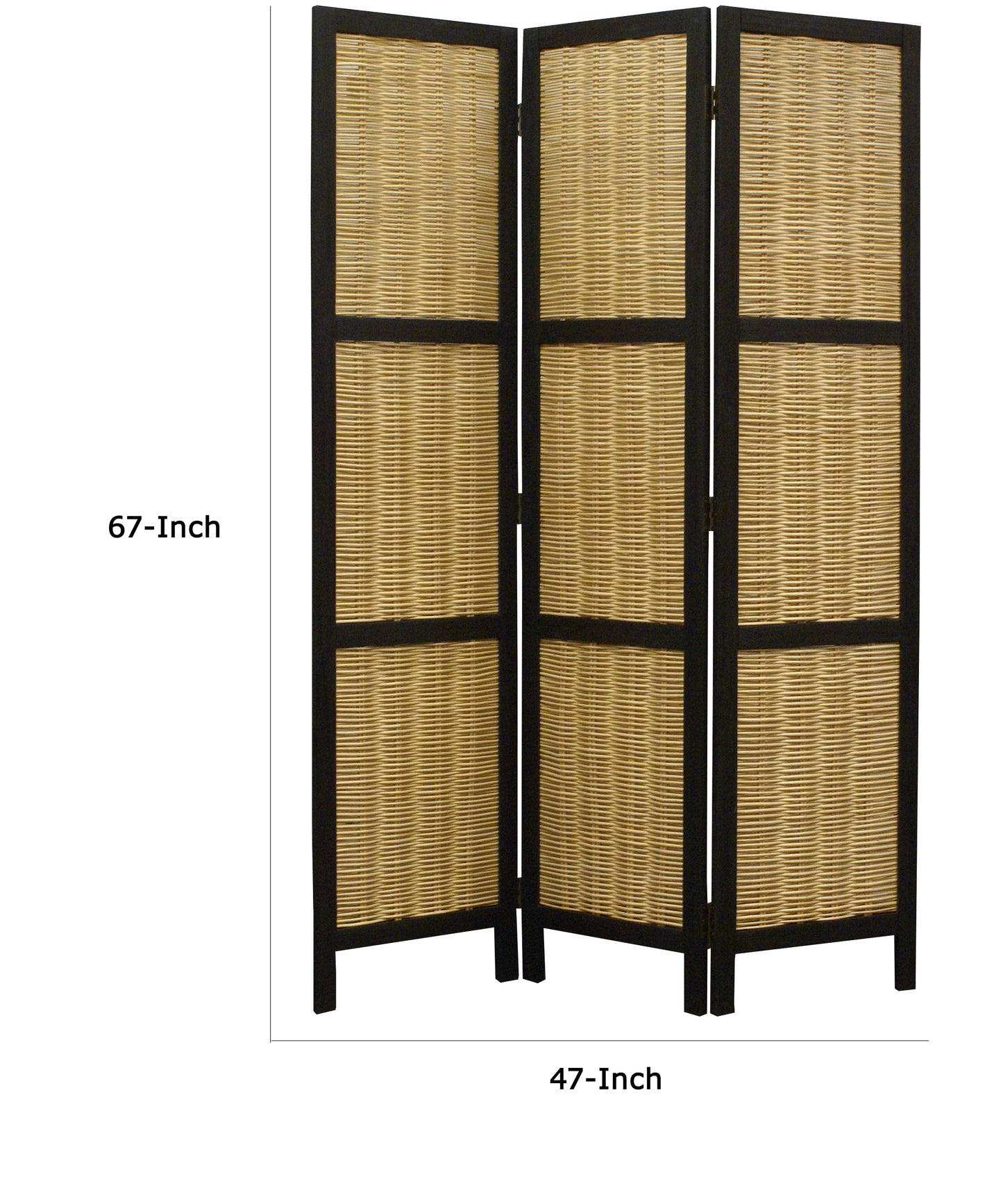 Cottage Style 3 Panel Room Divider with Willow Weaving, Black and Brown