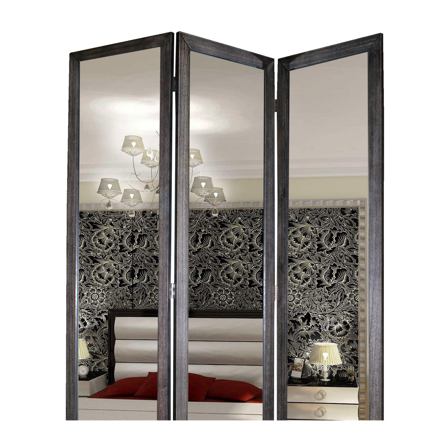 3 Panel Wooden Foldable Mirror Encasing Room Divider, Gray and Silver