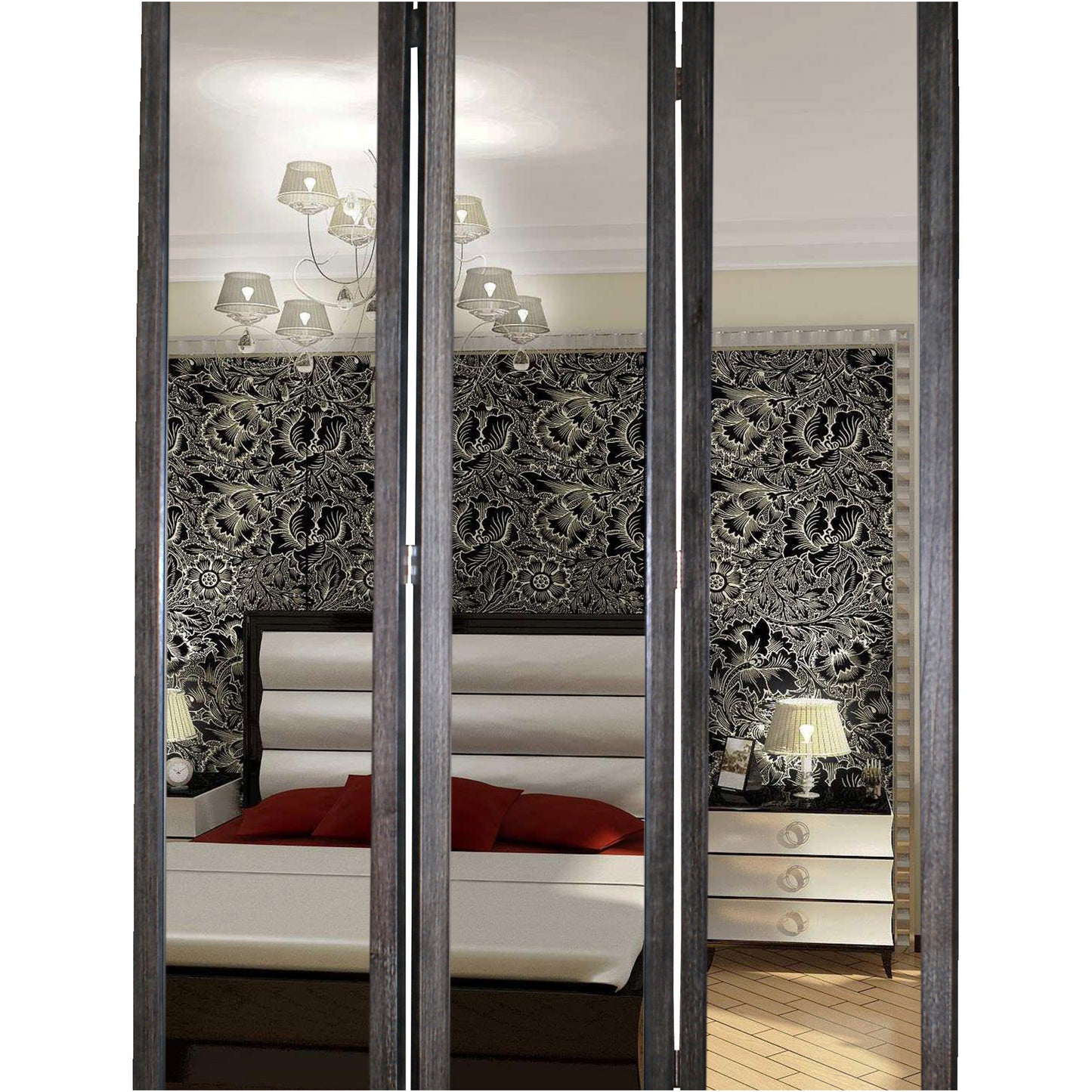 3 Panel Wooden Foldable Mirror Encasing Room Divider, Gray and Silver