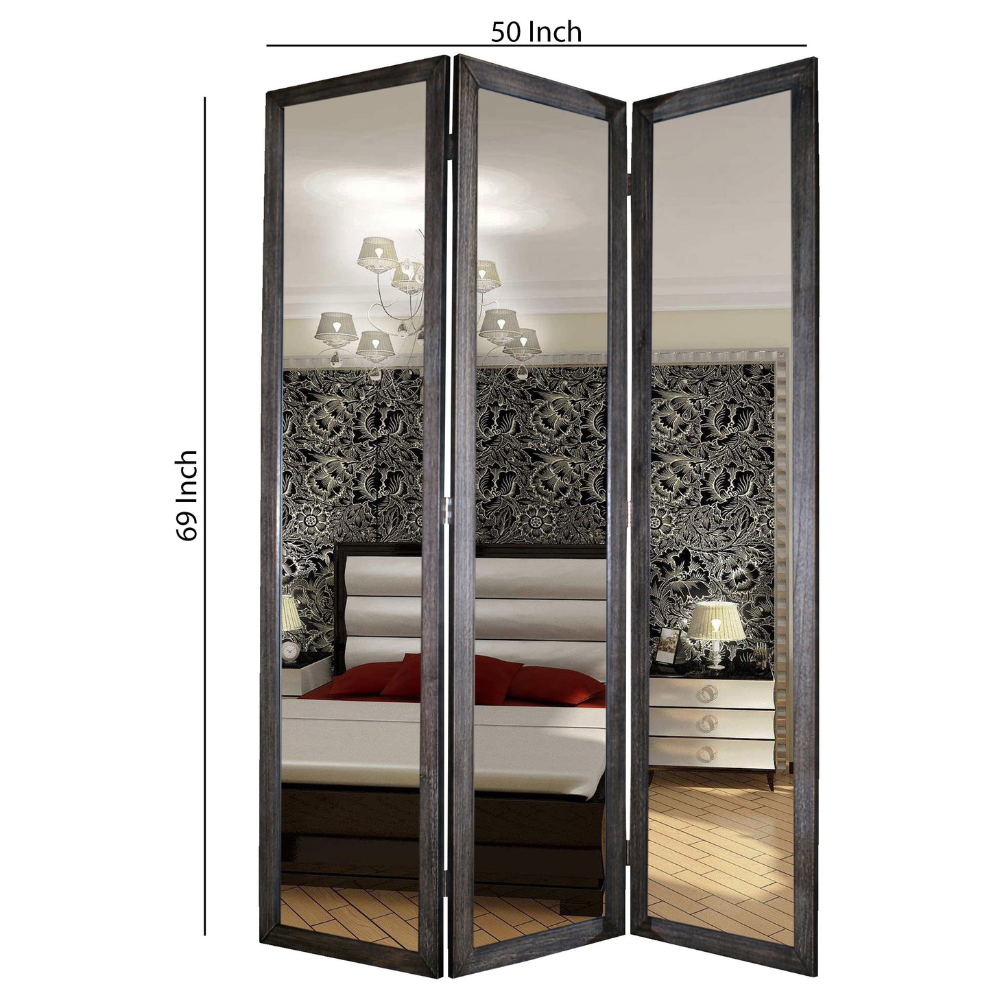 3 Panel Wooden Foldable Mirror Encasing Room Divider, Gray and Silver