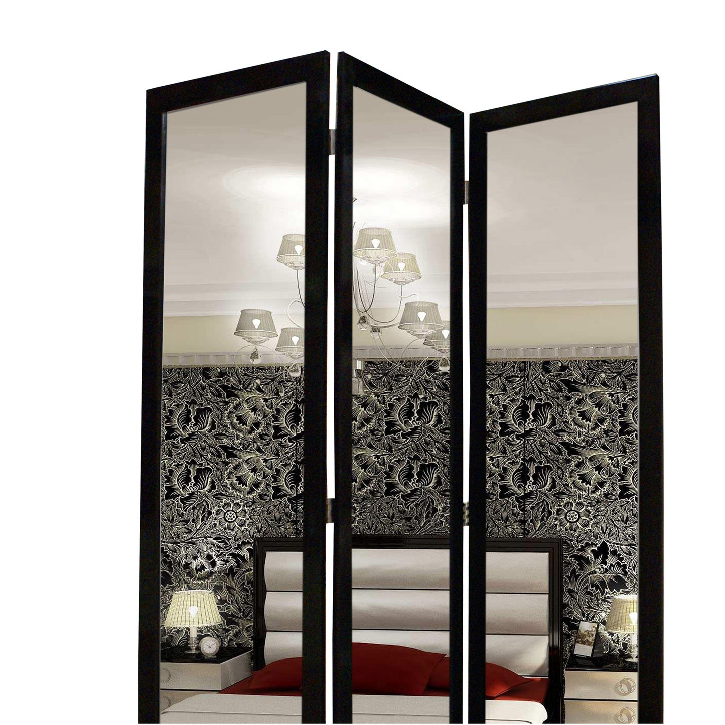 3 Panel Wooden Foldable Mirror Encasing Room Divider, Black and Silver