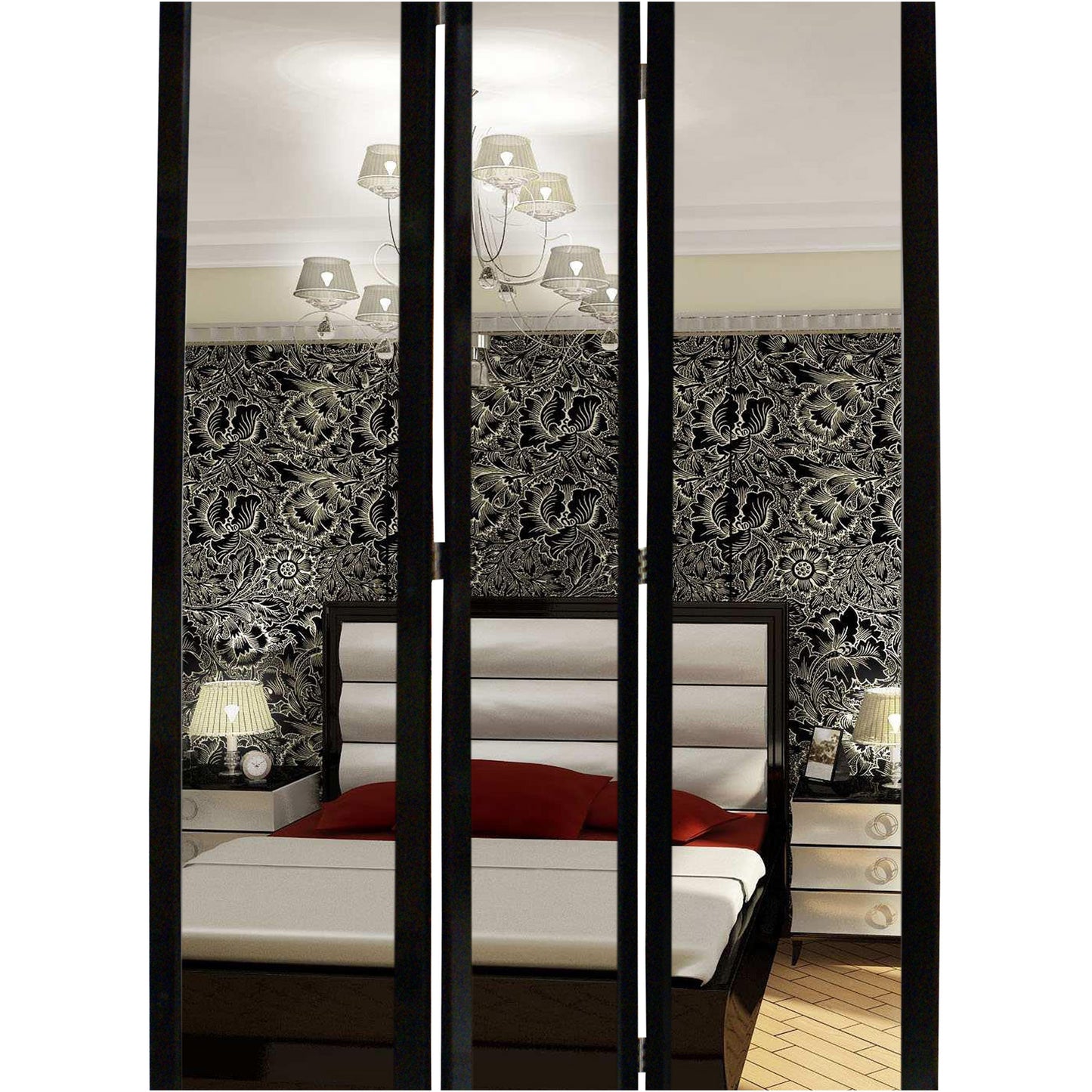 3 Panel Wooden Foldable Mirror Encasing Room Divider, Black and Silver
