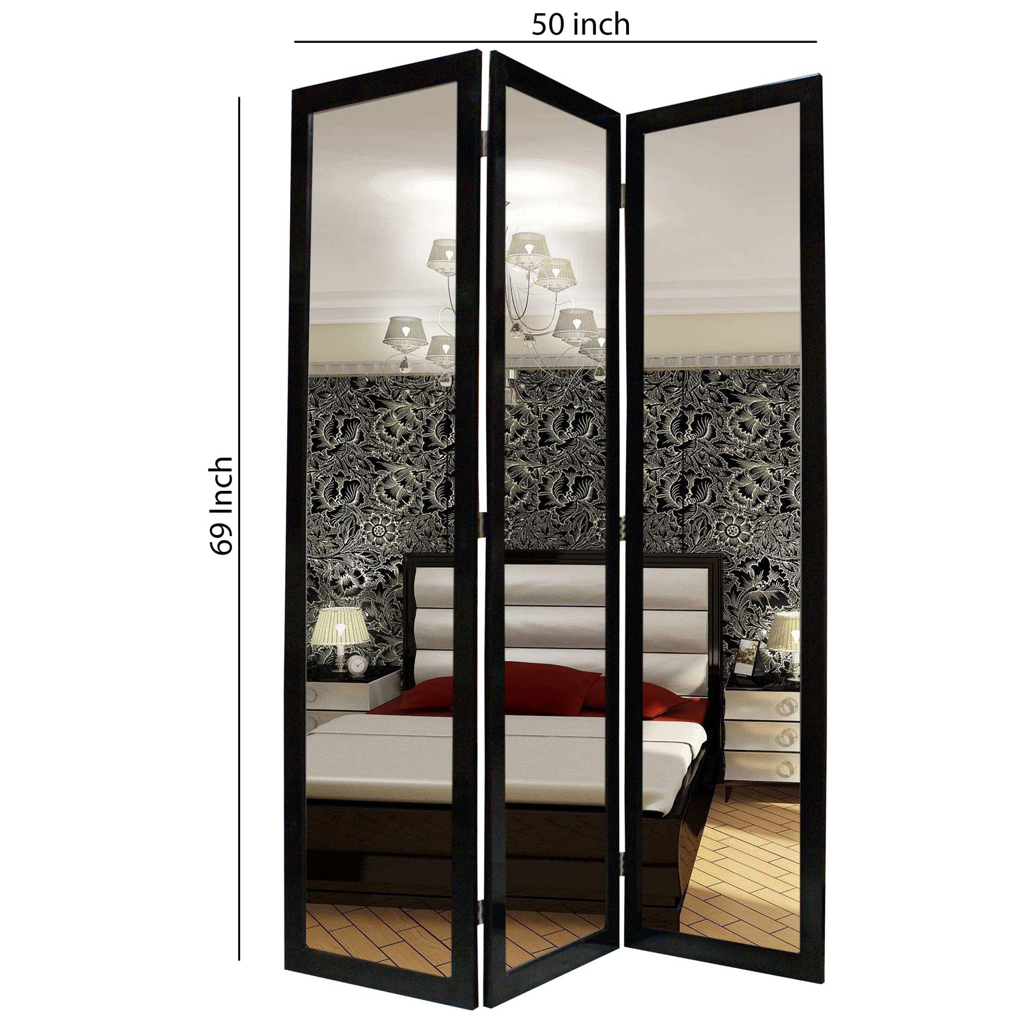 3 Panel Wooden Foldable Mirror Encasing Room Divider, Black and Silver